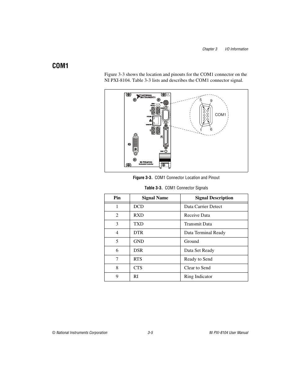 Com1, Figure 3-3. com1 connector location and pinout, Table 3-3. com1 connector signals | Com1 -5 | National Instruments NI PXI-8104 User Manual | Page 35 / 69
