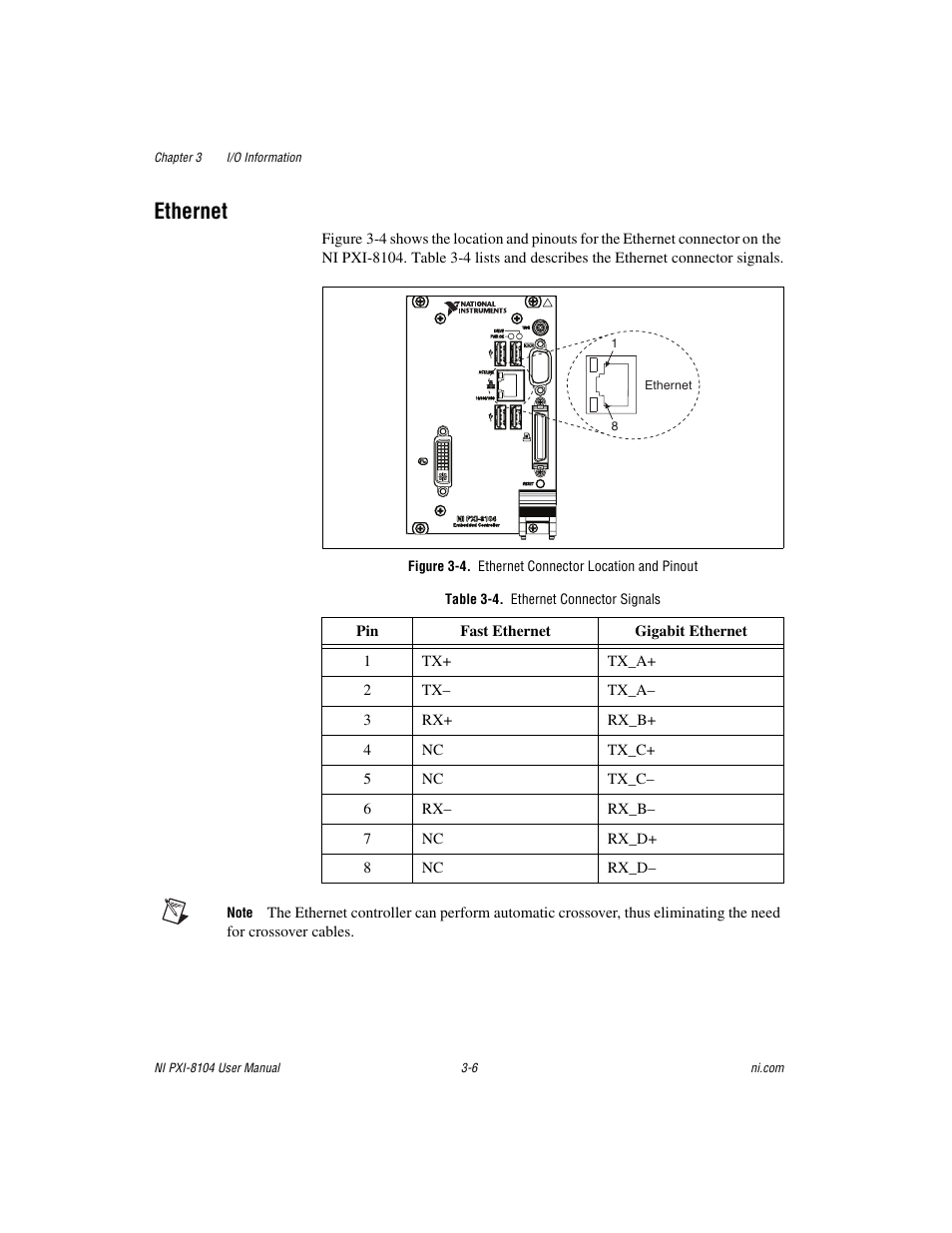 Ethernet, Figure 3-4. ethernet connector location and pinout, Table 3-4. ethernet connector signals | Ethernet -6 | National Instruments NI PXI-8104 User Manual | Page 36 / 69