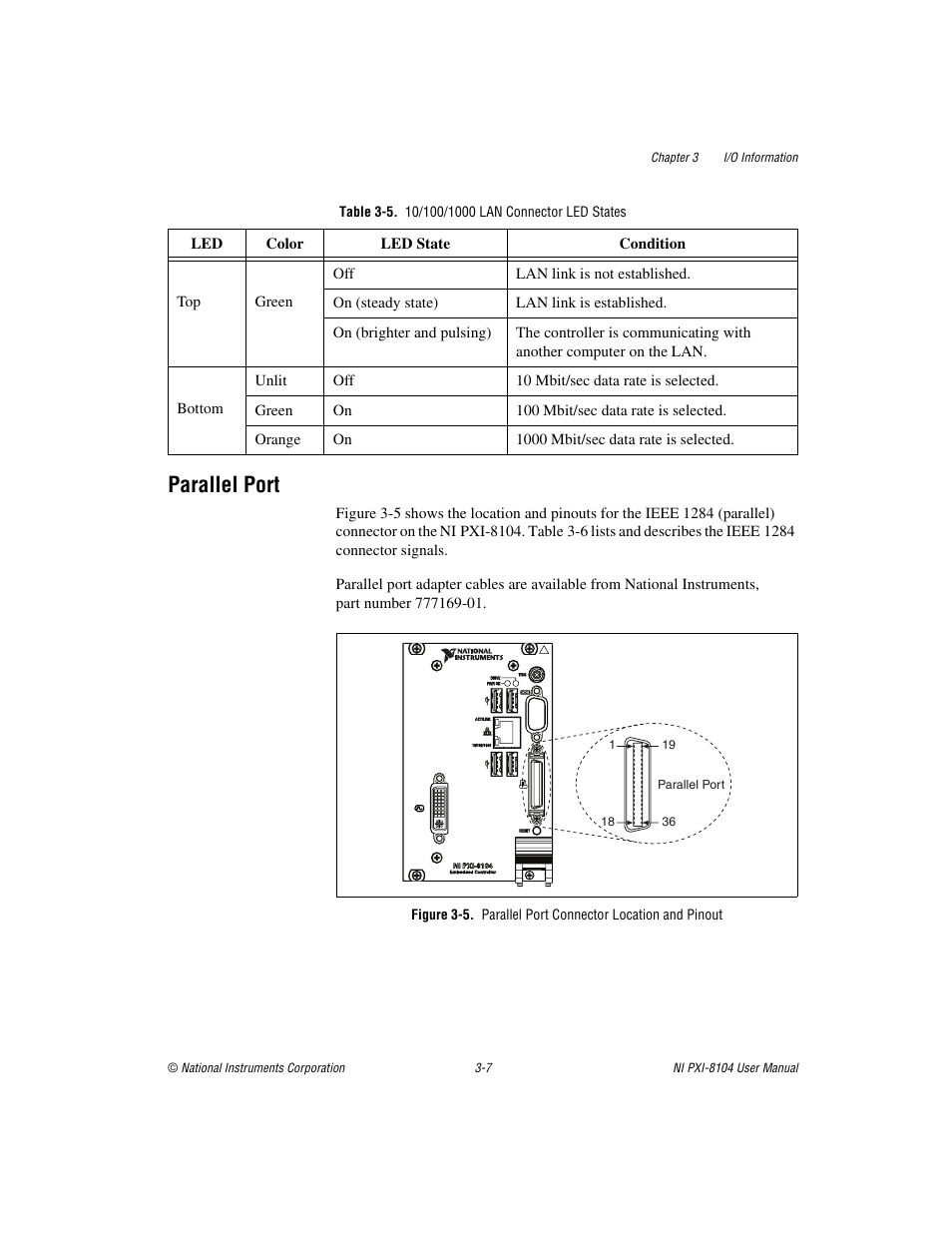 Table 3-5. 10/100/1000 lan connector led states, Parallel port, Parallel port -7 | National Instruments NI PXI-8104 User Manual | Page 37 / 69