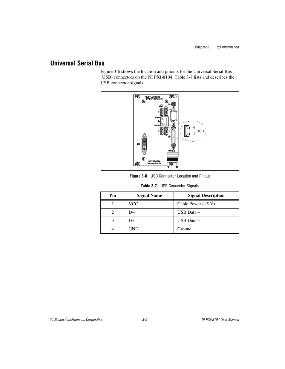 Universal serial bus, Figure 3-6. usb connector location and pinout, Table 3-7. usb connector signals | Universal serial bus -9 | National Instruments NI PXI-8104 User Manual | Page 39 / 69