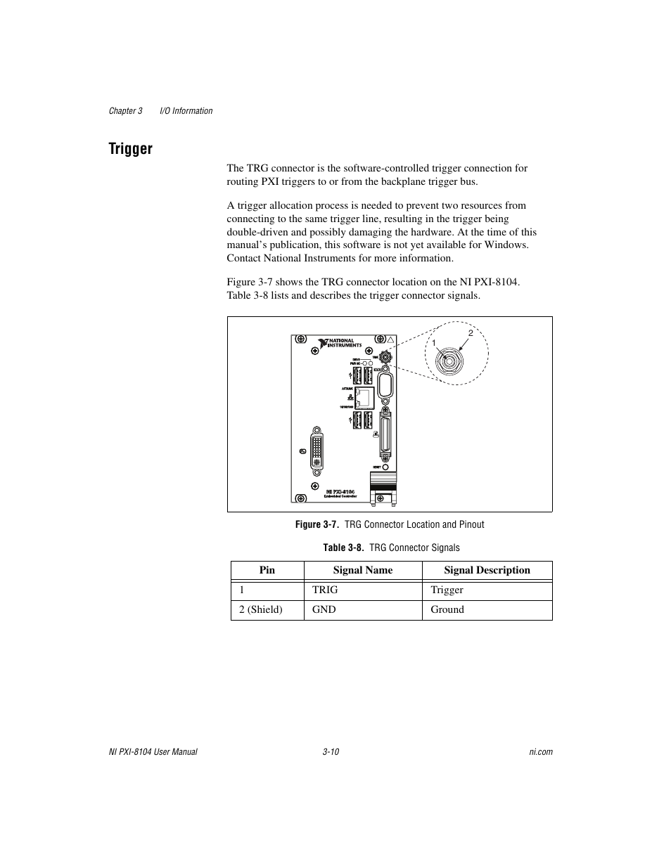 Trigger, Figure 3-7. trg connector location and pinout, Table 3-8. trg connector signals | Trigger -10 | National Instruments NI PXI-8104 User Manual | Page 40 / 69