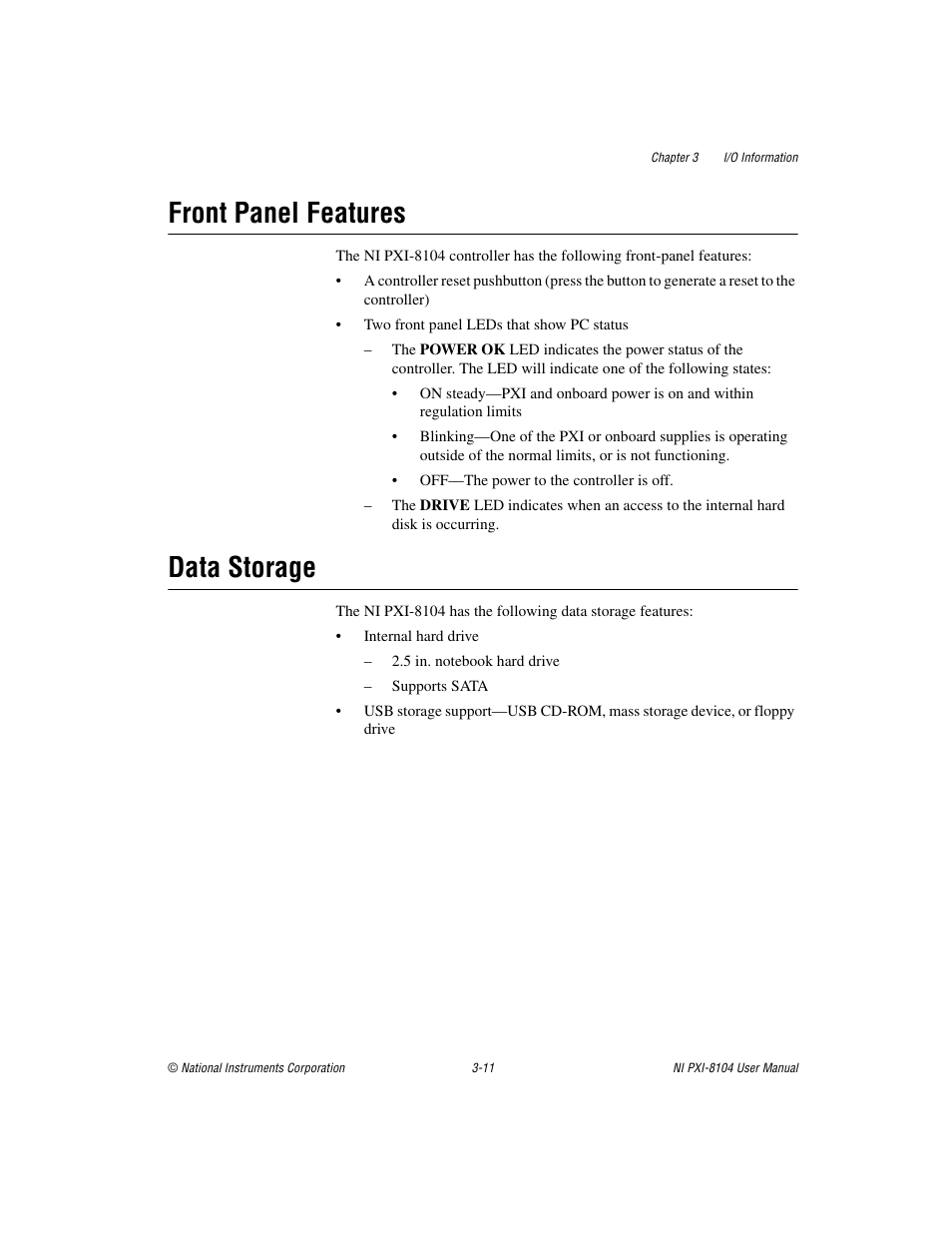 Front panel features, Data storage, Front panel features -11 data storage -11 | National Instruments NI PXI-8104 User Manual | Page 41 / 69