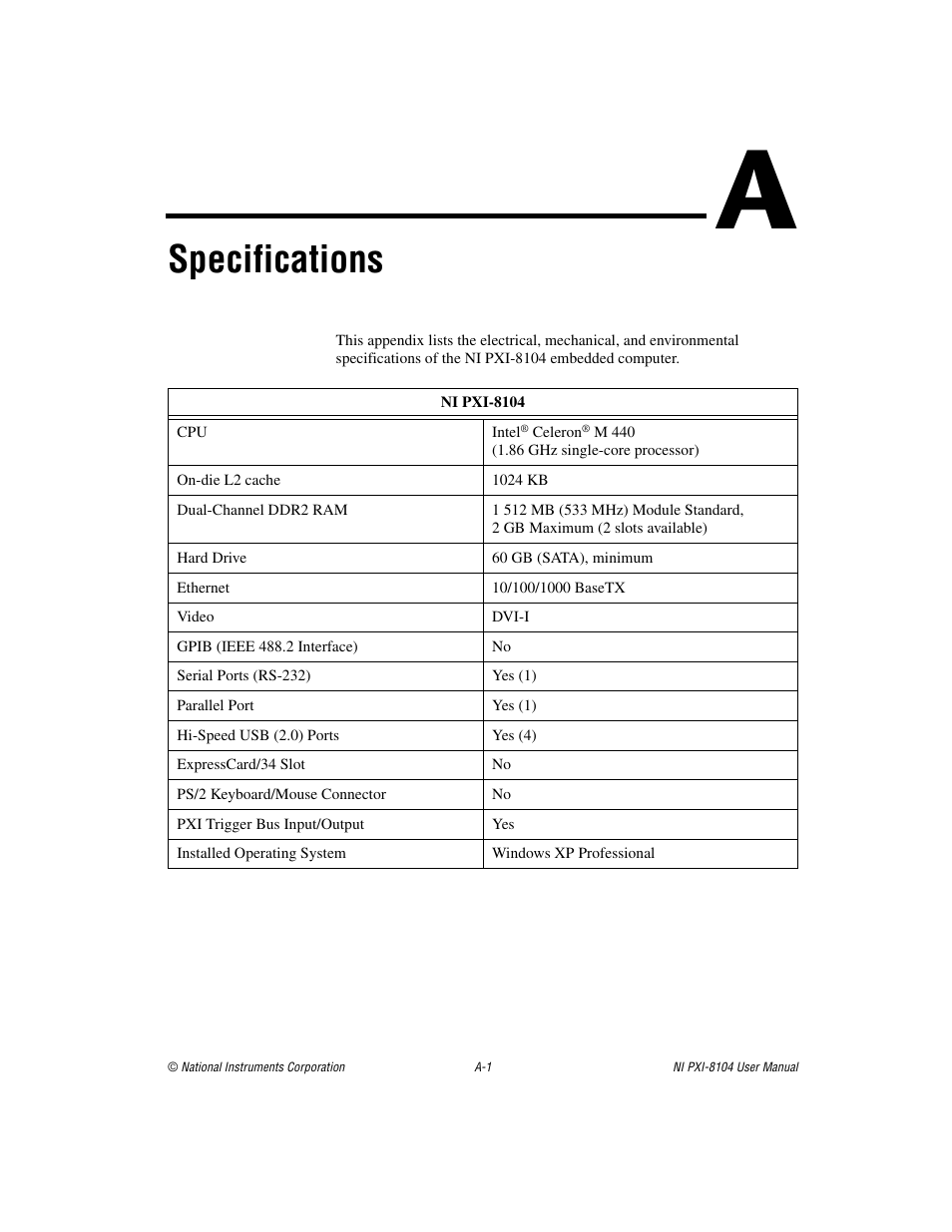 Appendix a specifications, Specifications | National Instruments NI PXI-8104 User Manual | Page 51 / 69