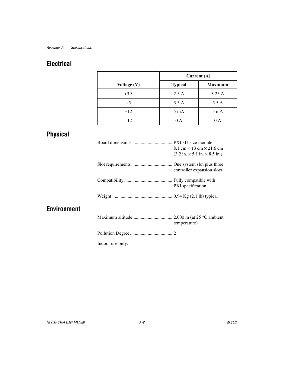 Electrical physical, Environment | National Instruments NI PXI-8104 User Manual | Page 52 / 69