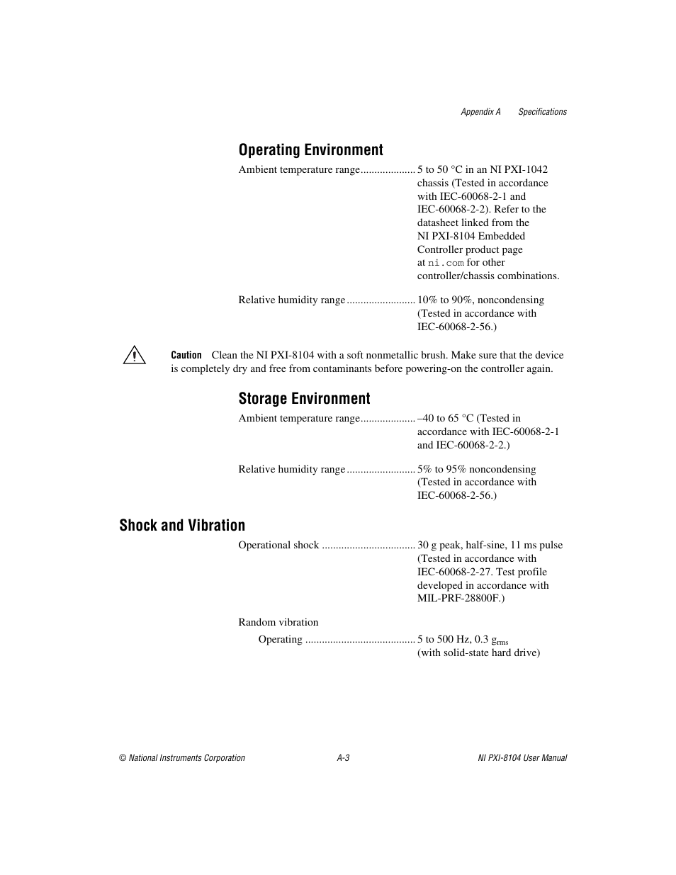 Operating environment, Storage environment, Shock and vibration | National Instruments NI PXI-8104 User Manual | Page 53 / 69