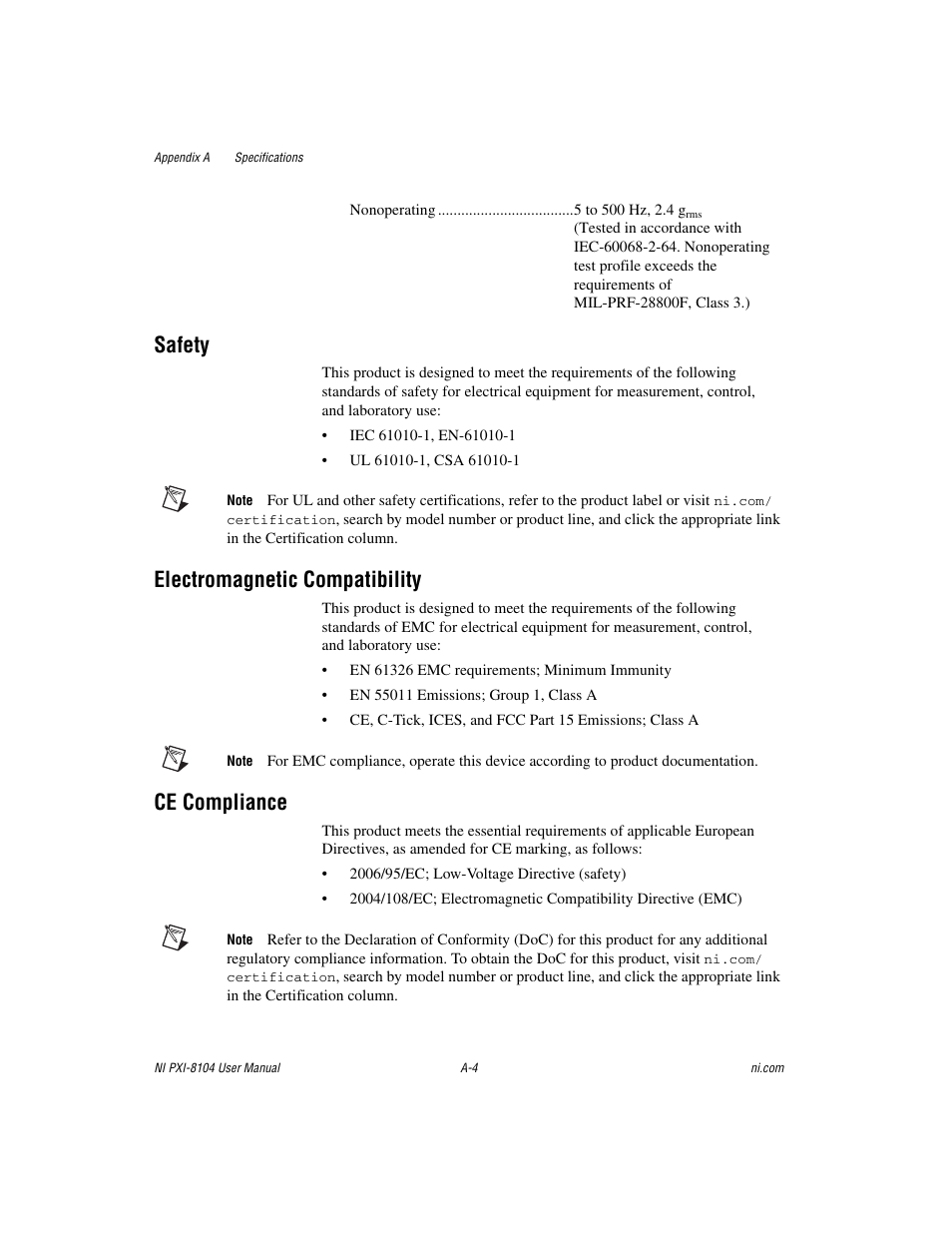 Safety, Electromagnetic compatibility, Ce compliance | National Instruments NI PXI-8104 User Manual | Page 54 / 69