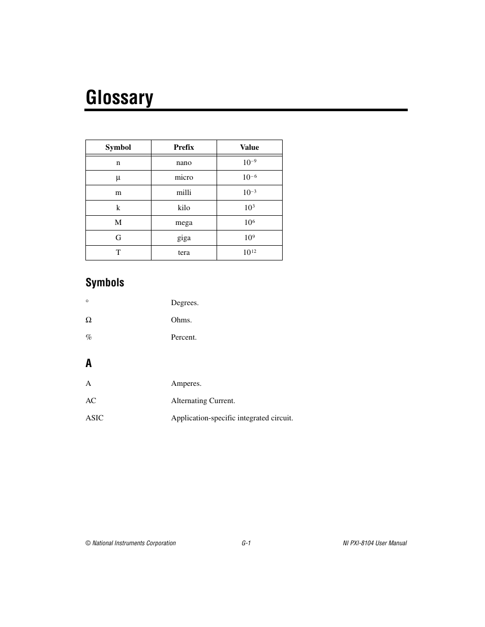 Glossary, Symbols | National Instruments NI PXI-8104 User Manual | Page 58 / 69