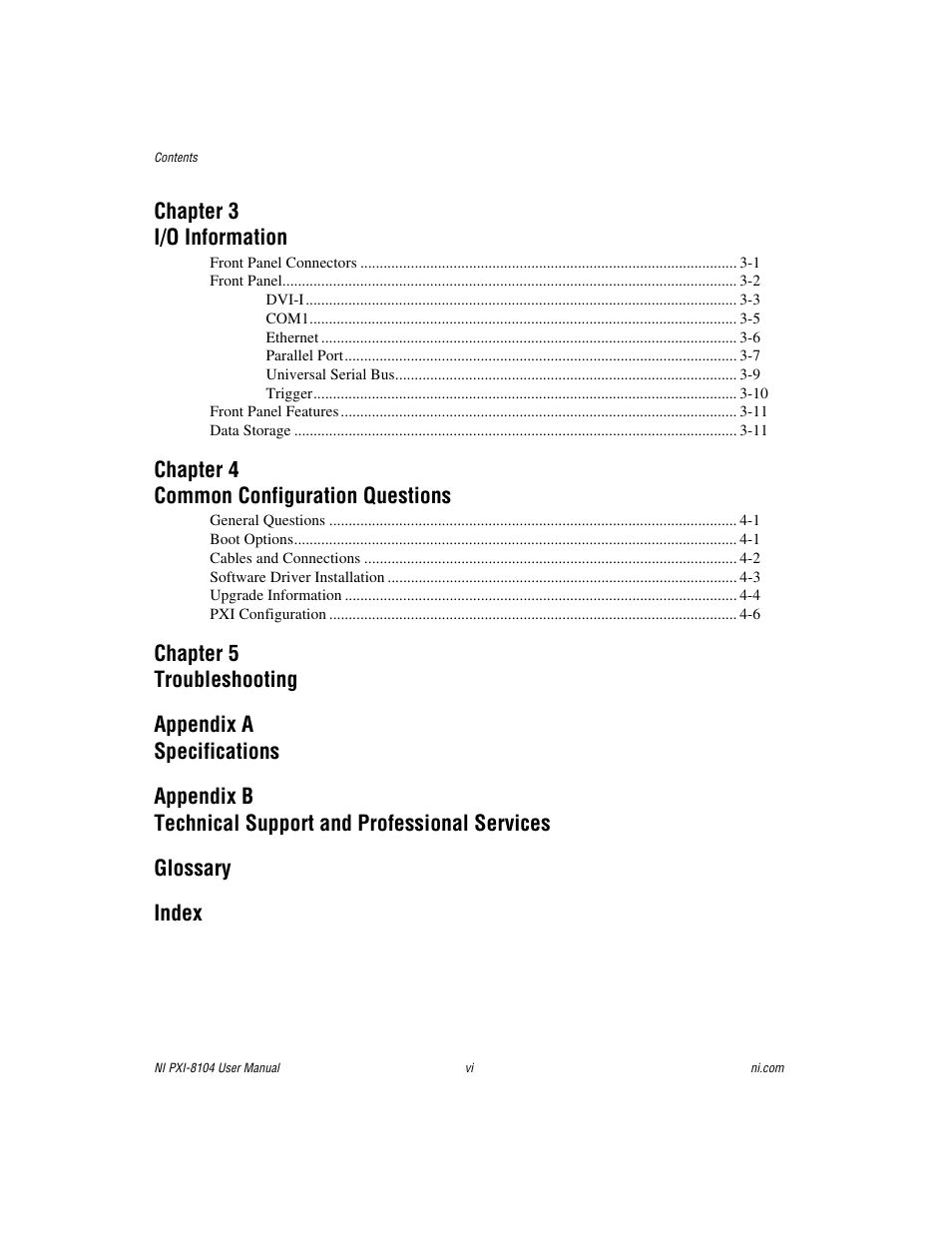 Chapter 3 i/o information, Chapter 4 common configuration questions | National Instruments NI PXI-8104 User Manual | Page 6 / 69