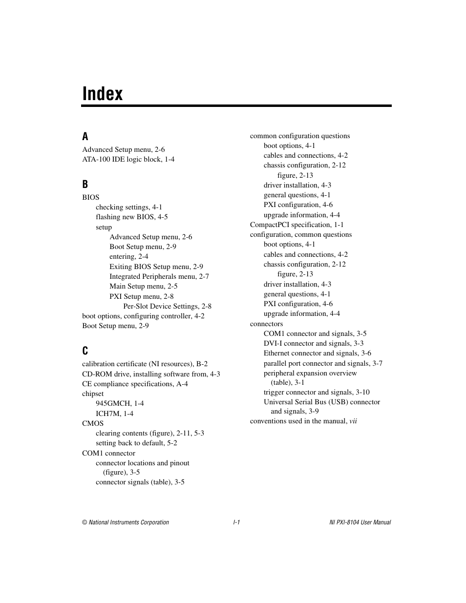 Index, A - c | National Instruments NI PXI-8104 User Manual | Page 65 / 69