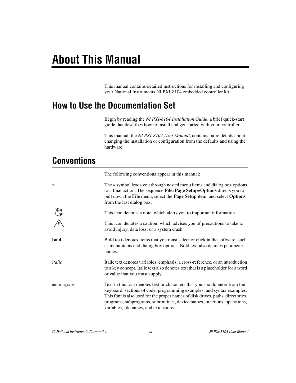 About this manual, How to use the documentation set, Conventions | National Instruments NI PXI-8104 User Manual | Page 7 / 69