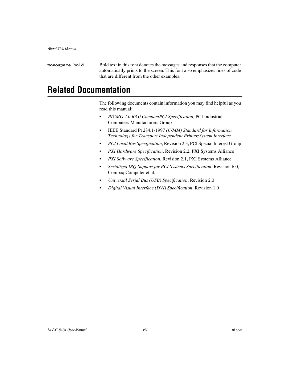 Related documentation | National Instruments NI PXI-8104 User Manual | Page 8 / 69