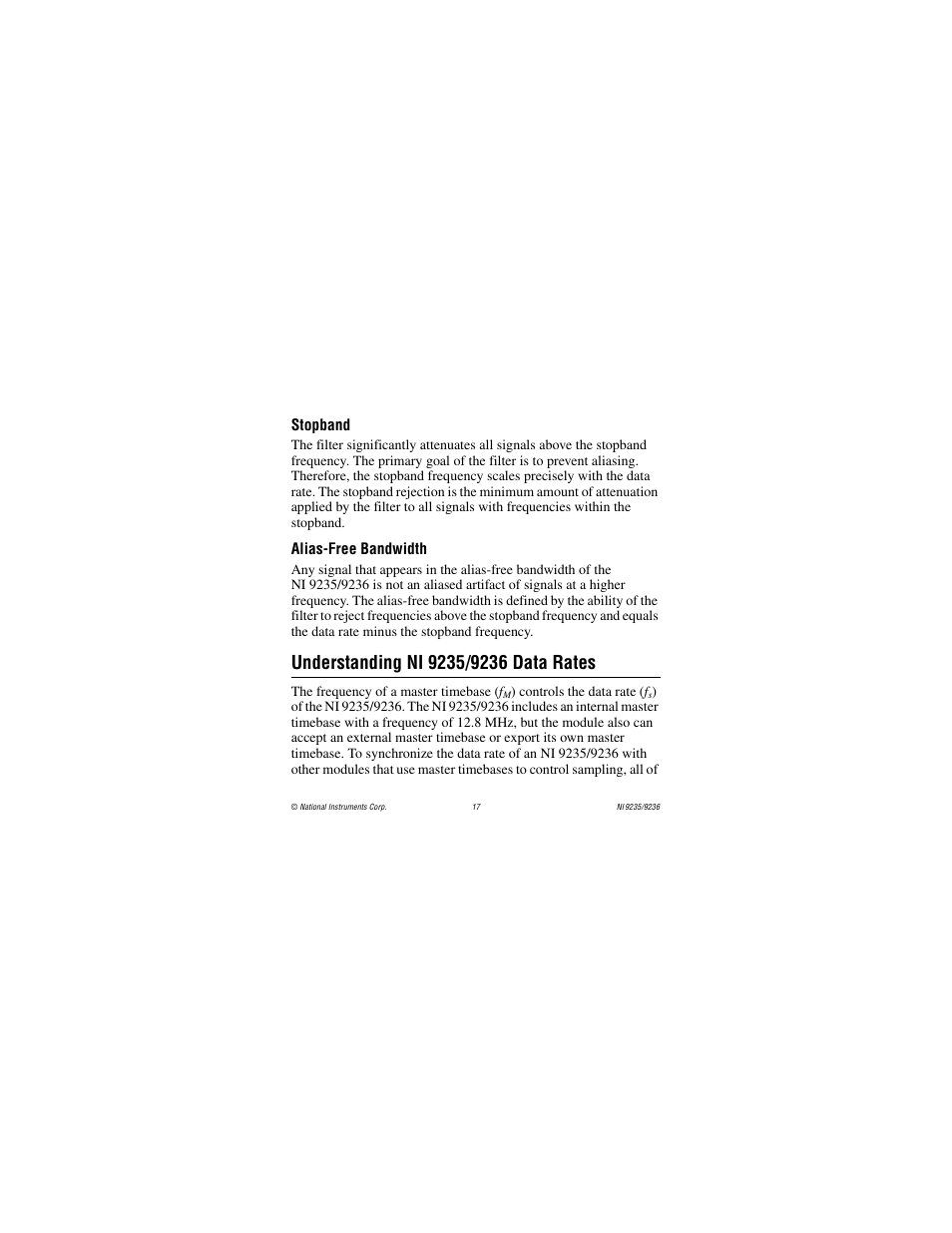 Stopband, Alias-free bandwidth, Understanding ni 9235/9236 data rates | National Instruments NI 9236 User Manual | Page 17 / 38