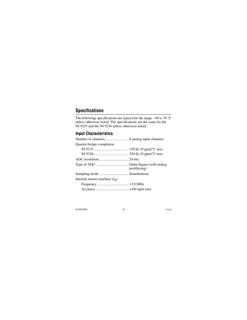 Specifications, Input characteristics | National Instruments NI 9236 User Manual | Page 20 / 38