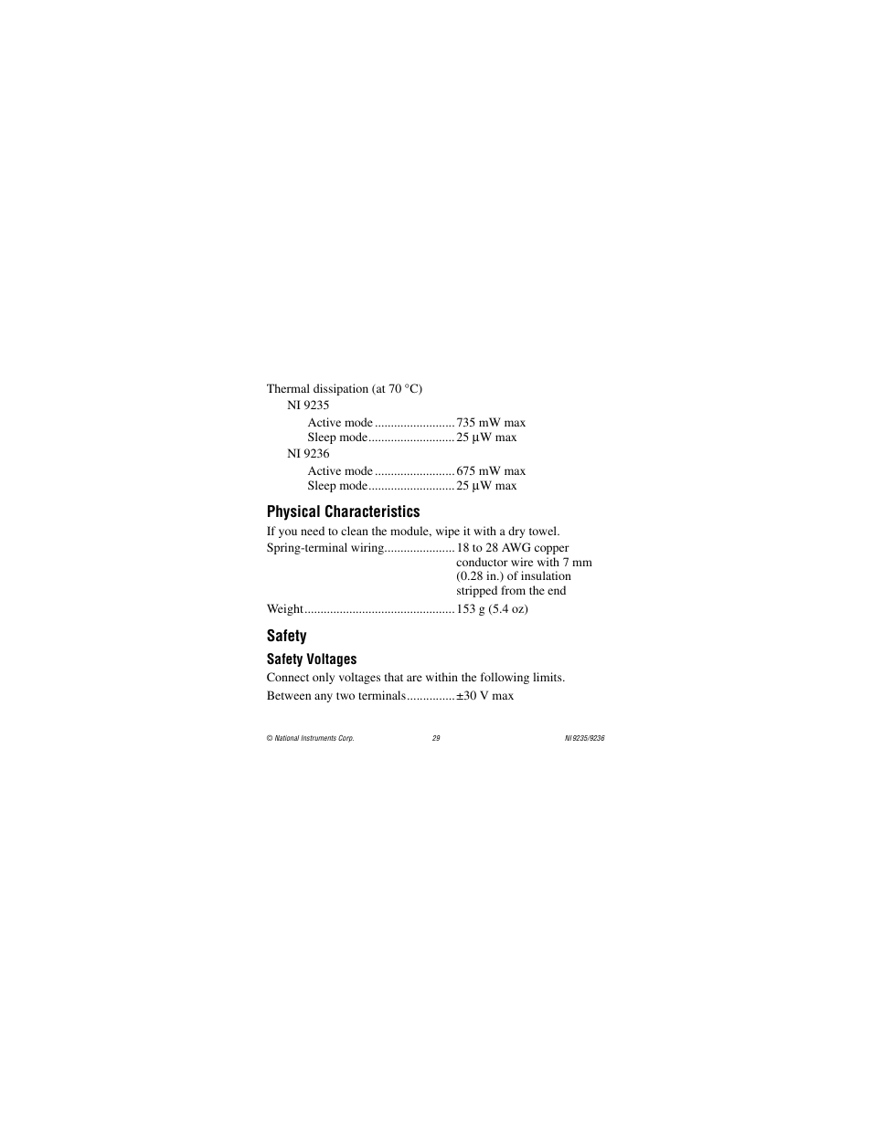 Physical characteristics, Safety, Safety voltages | National Instruments NI 9236 User Manual | Page 29 / 38