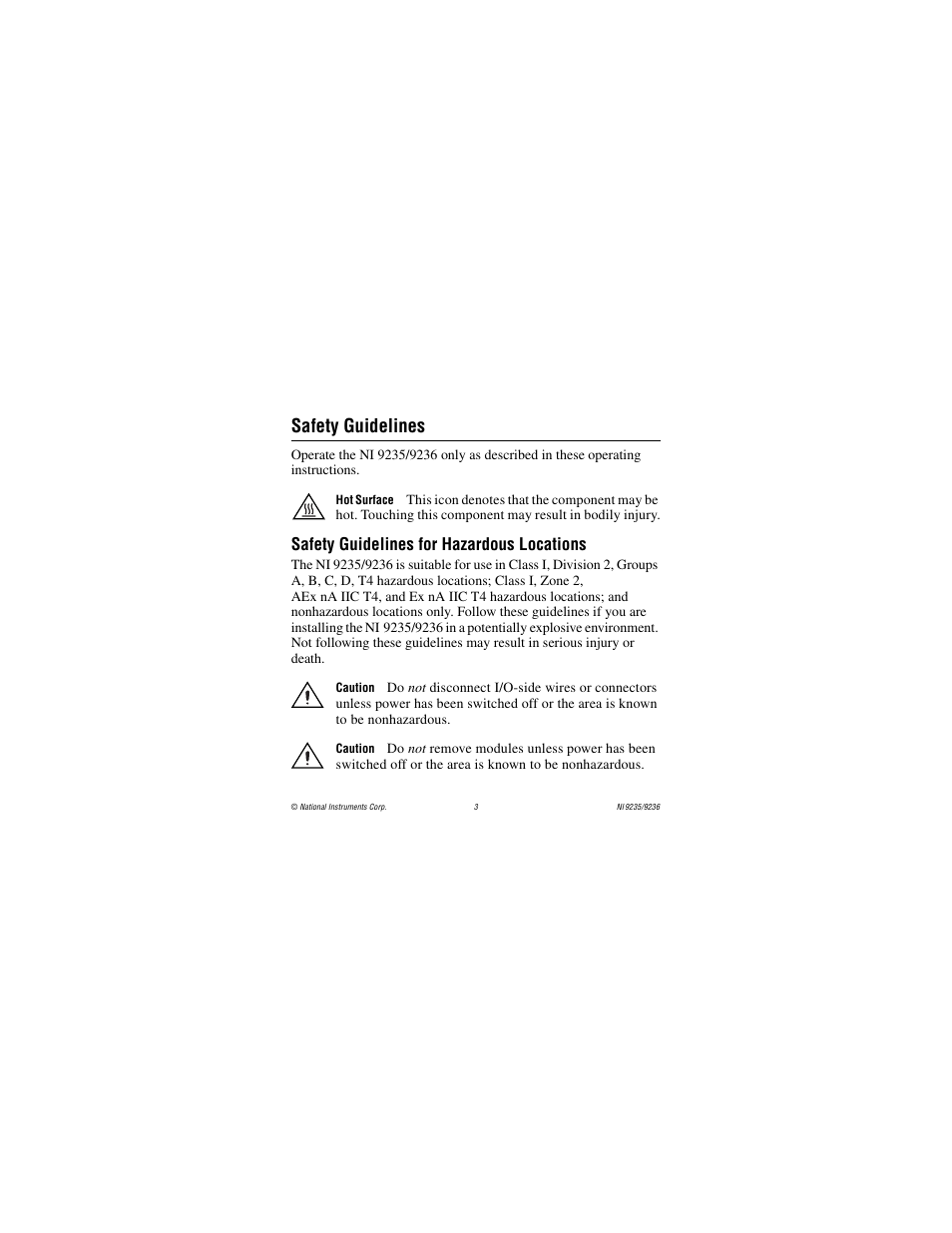 Safety guidelines, Safety guidelines for hazardous locations | National Instruments NI 9236 User Manual | Page 3 / 38