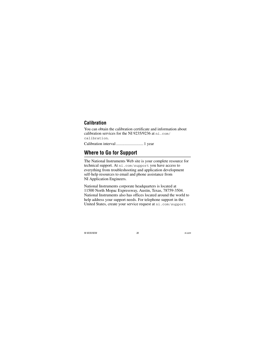Calibration, Where to go for support | National Instruments NI 9236 User Manual | Page 36 / 38