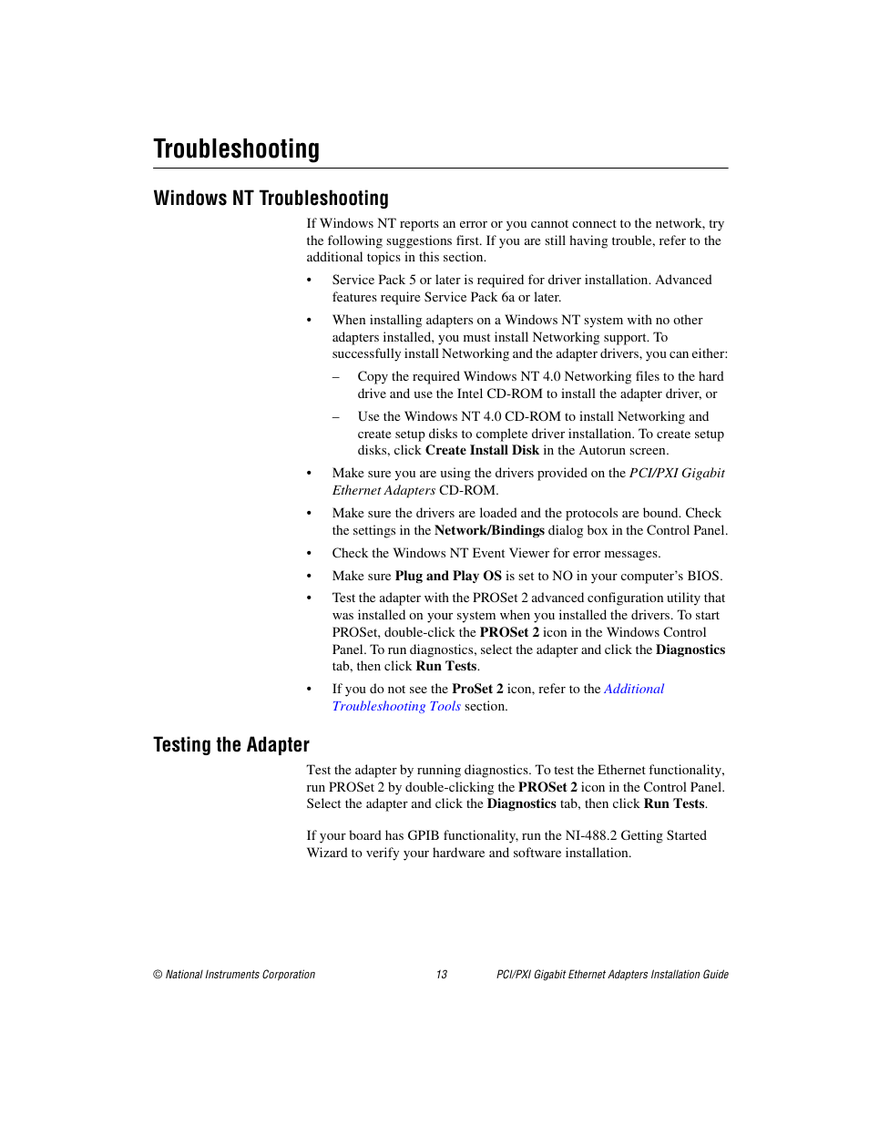 Troubleshooting, Windows nt troubleshooting, Testing the adapter | National Instruments 370620B-01 User Manual | Page 13 / 17