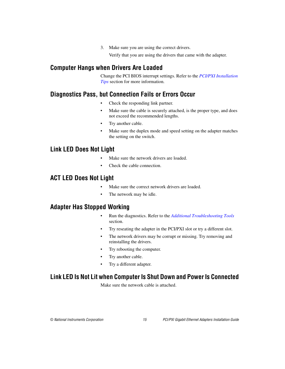 Computer hangs when drivers are loaded, Link led does not light, Act led does not light | Adapter has stopped working | National Instruments 370620B-01 User Manual | Page 15 / 17