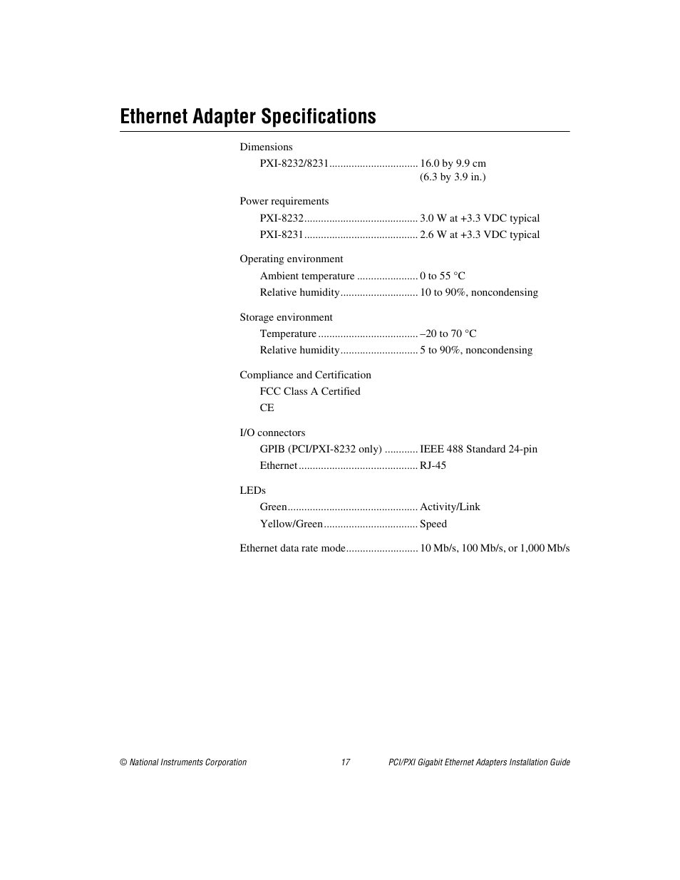 Ethernet adapter specifications | National Instruments 370620B-01 User Manual | Page 17 / 17