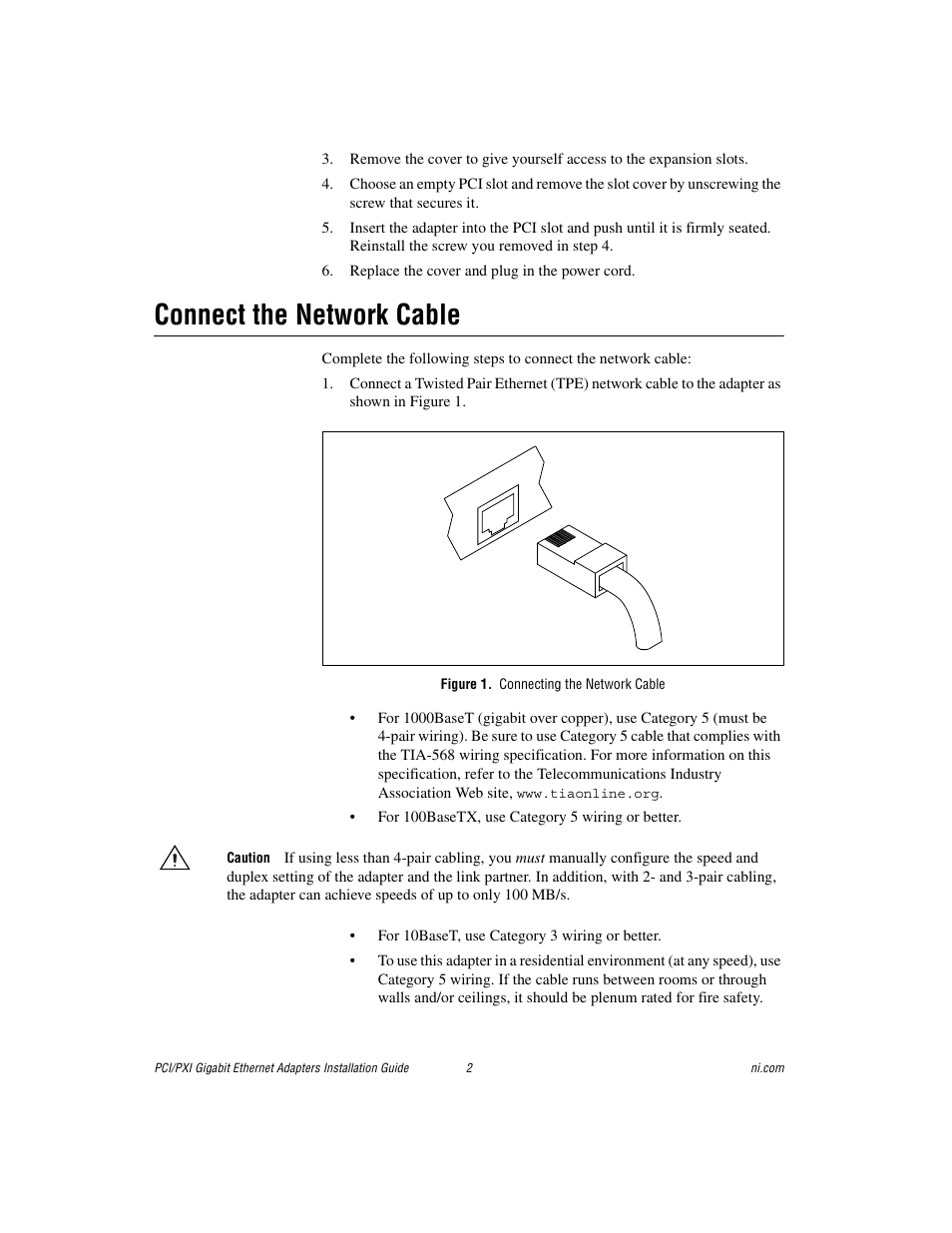 Connect the network cable, Figure 1. connecting the network cable | National Instruments 370620B-01 User Manual | Page 2 / 17