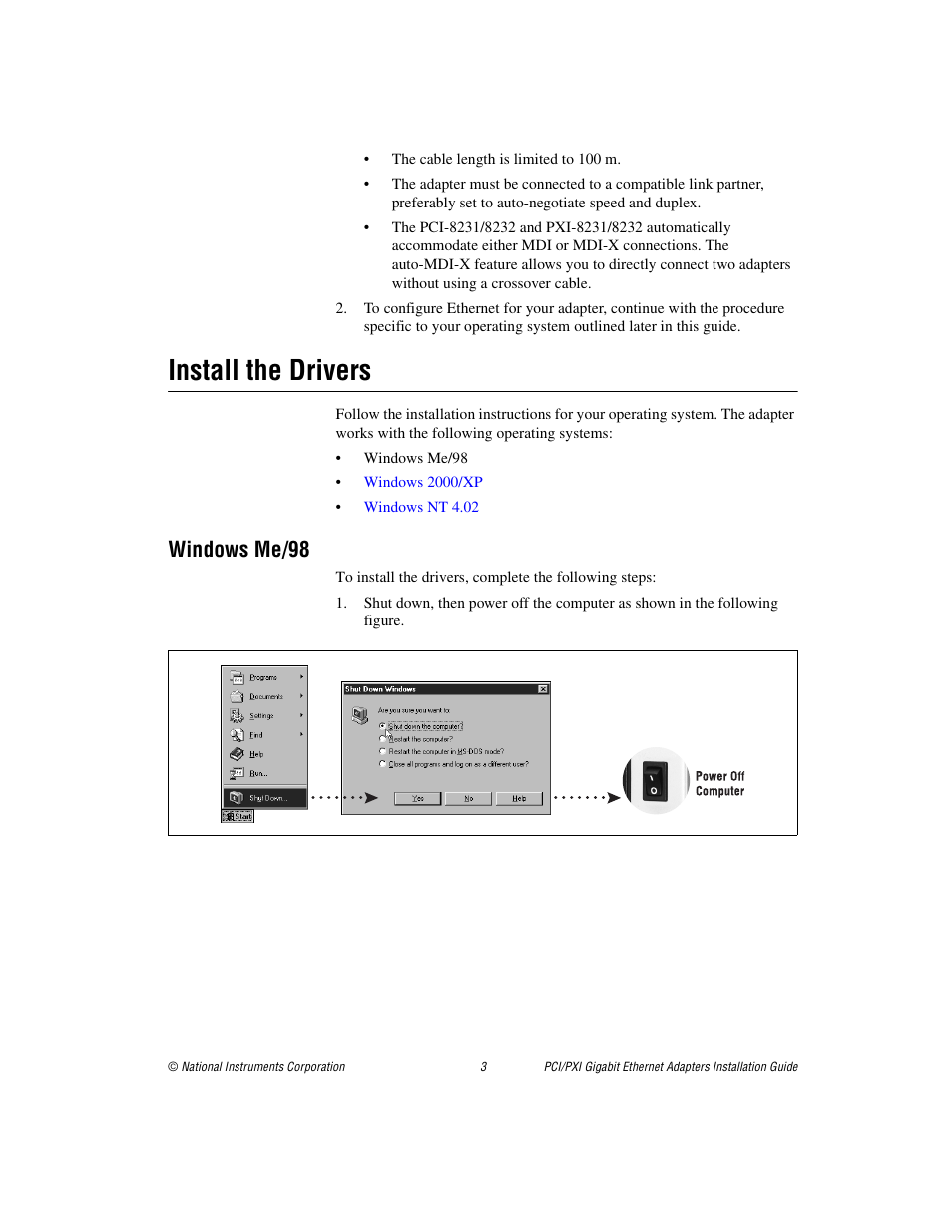 Install the drivers, Windows me/98 | National Instruments 370620B-01 User Manual | Page 3 / 17