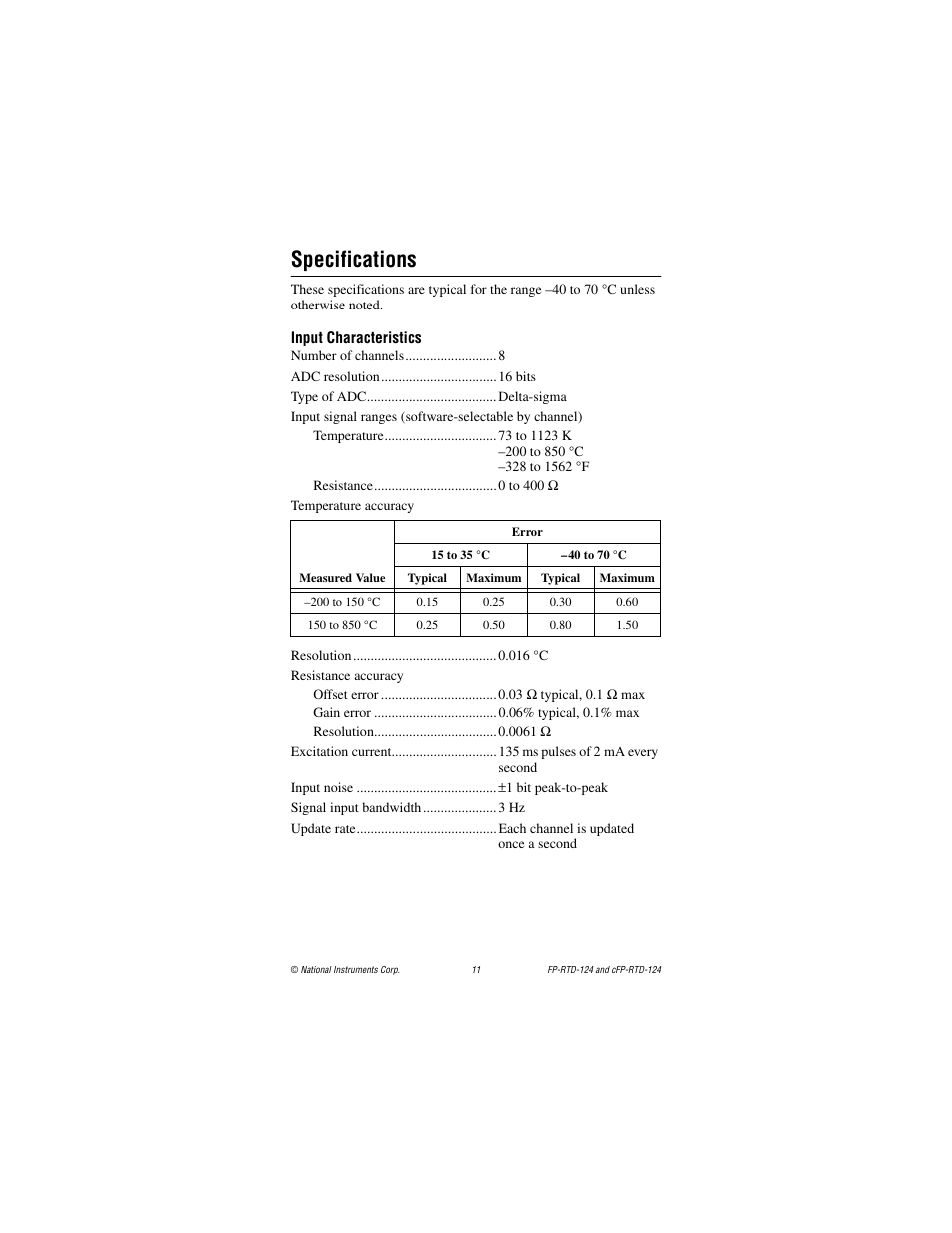 Specifications, Input characteristics | National Instruments cFP-RTD-124 User Manual | Page 11 / 15