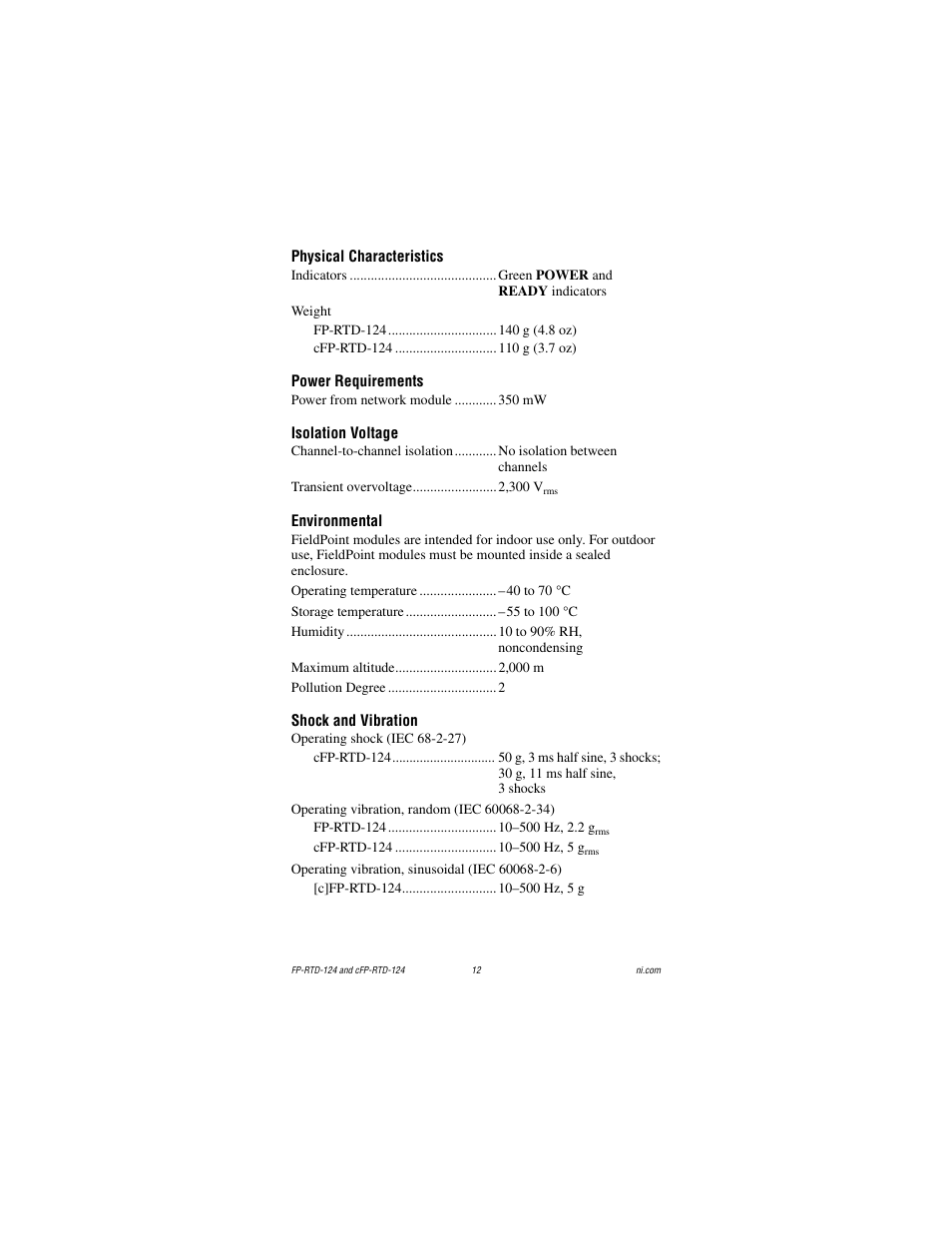 Physical characteristics, Power requirements, Isolation voltage | Environmental, Shock and vibration | National Instruments cFP-RTD-124 User Manual | Page 12 / 15