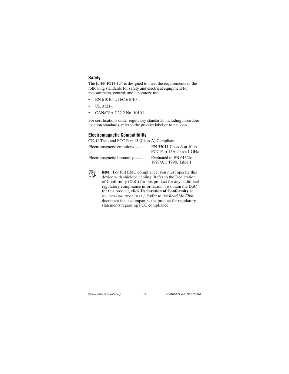 Safety, Electromagnetic compatibility | National Instruments cFP-RTD-124 User Manual | Page 13 / 15
