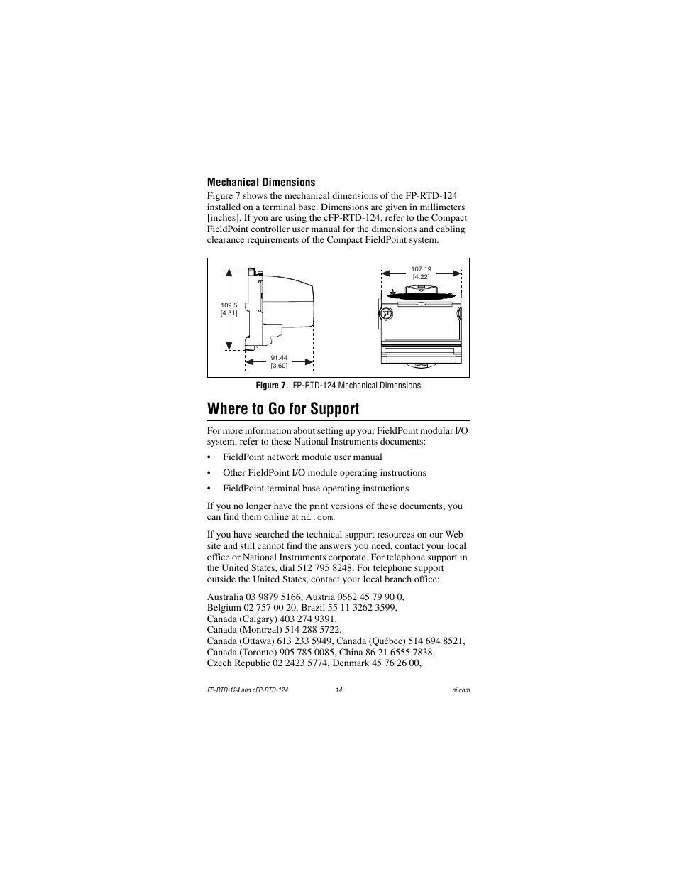 Mechanical dimensions, Figure 7. fp-rtd-124 mechanical dimensions, Where to go for support | National Instruments cFP-RTD-124 User Manual | Page 14 / 15