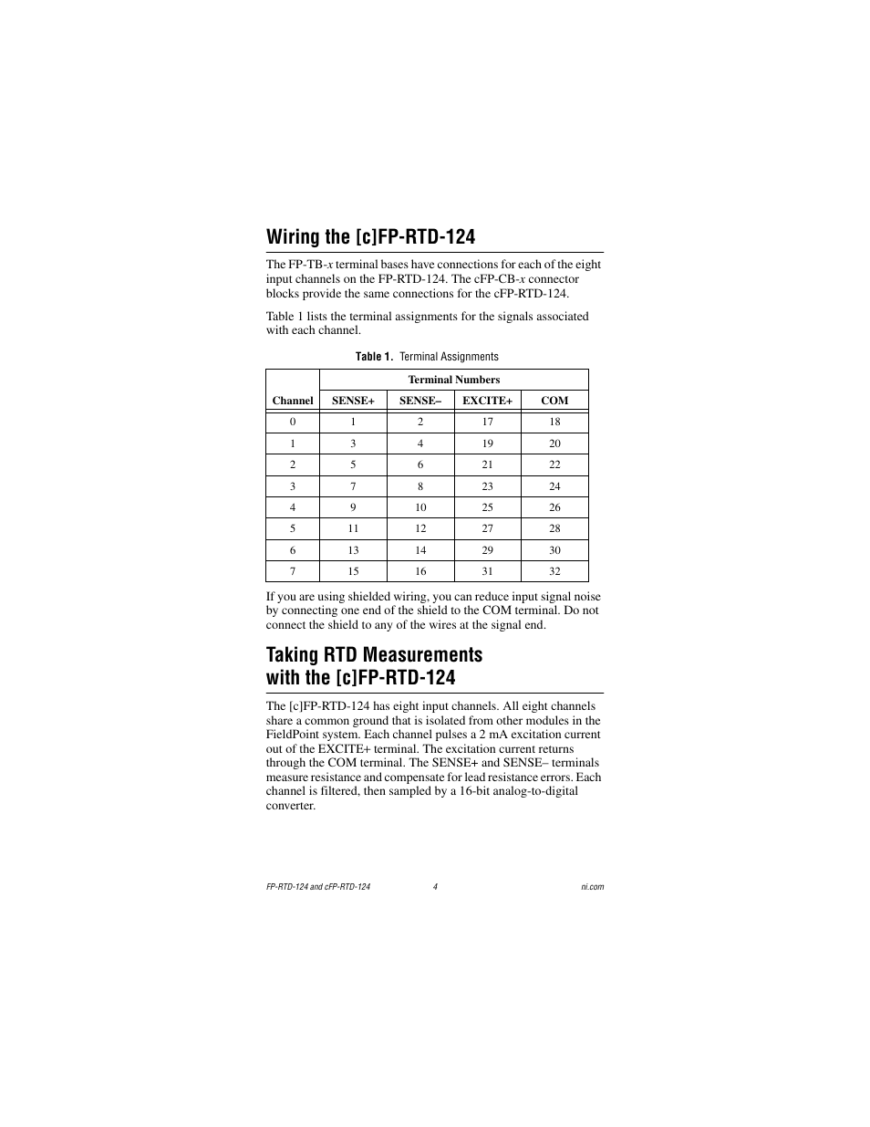 Wiring the [c]fp-rtd-124, Table 1. terminal assignments, Taking rtd measurements withthe[c]fp-rtd-124 | Taking rtd measurements with the [c]fp-rtd-124 | National Instruments cFP-RTD-124 User Manual | Page 4 / 15
