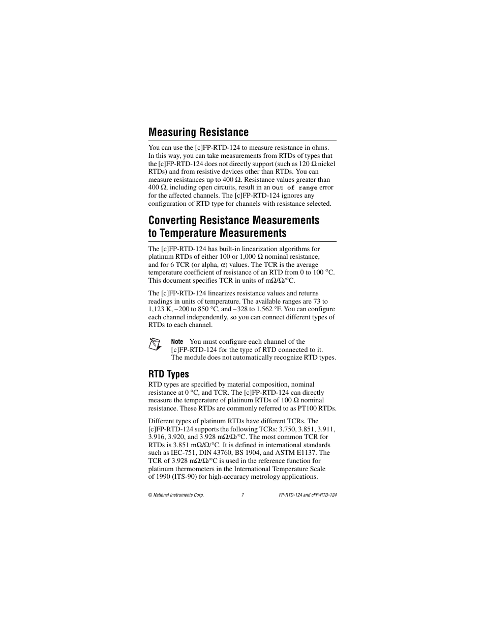 Measuring resistance, Rtd types | National Instruments cFP-RTD-124 User Manual | Page 7 / 15