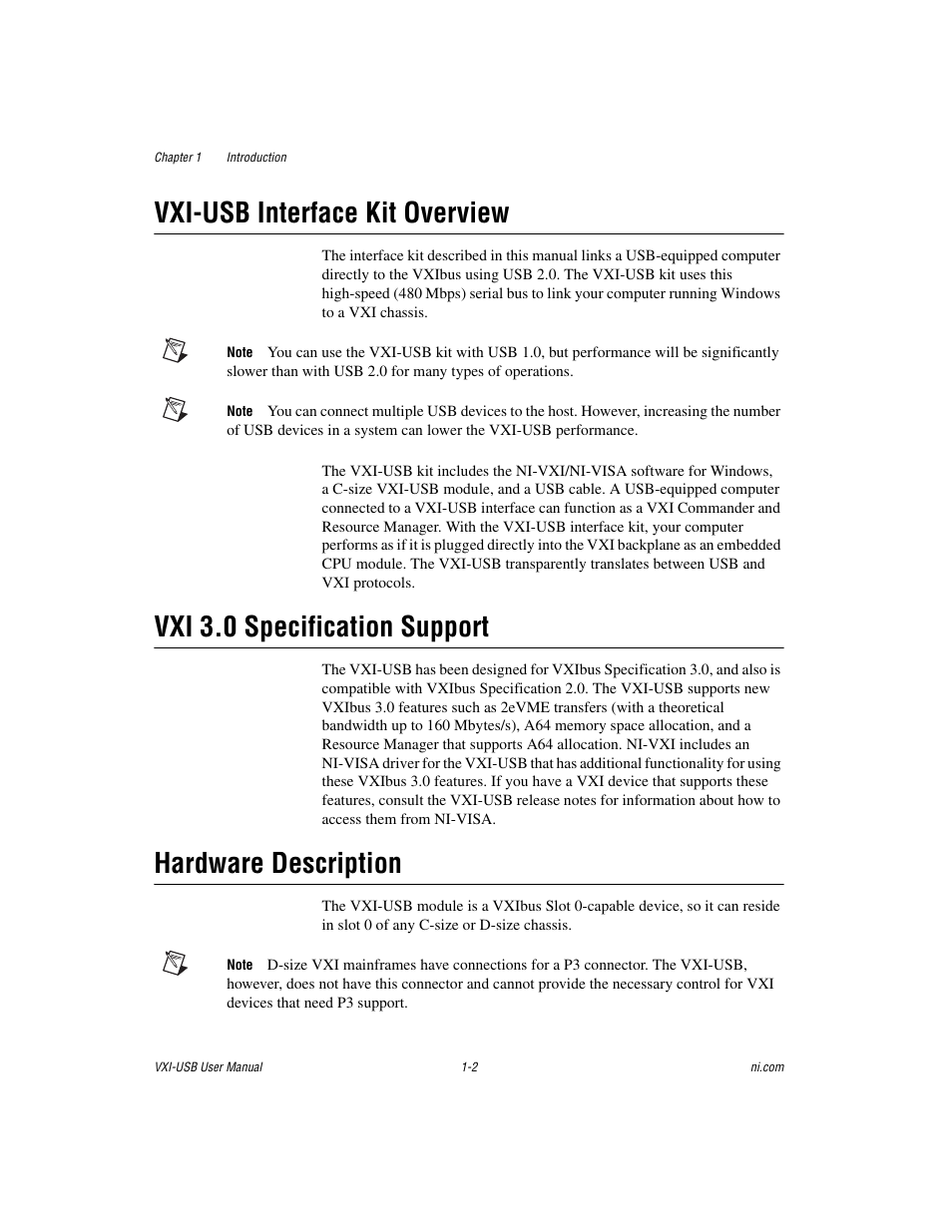 Vxi-usb interface kit overview, Vxi 3.0 specification support, Hardware description | National Instruments VXI-USB User Manual | Page 10 / 61