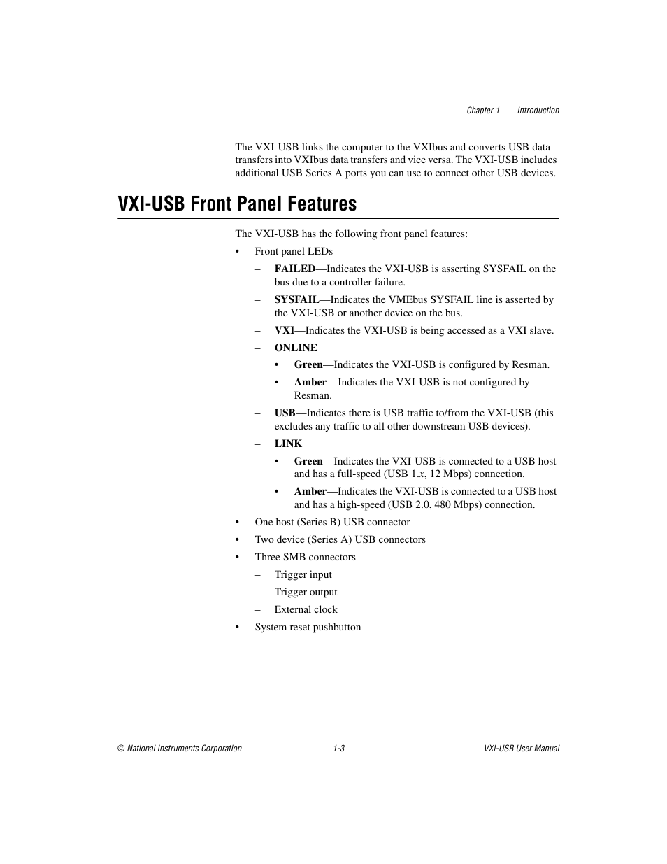 Vxi-usb front panel features, Vxi-usb front panel features -3 | National Instruments VXI-USB User Manual | Page 11 / 61