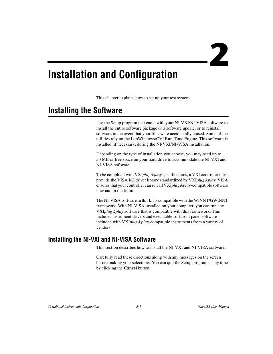 Chapter 2 installation and configuration, Installing the software, Installing the ni-vxi and ni-visa software | Installing the software -1, Installing the ni-vxi and ni-visa software -1, Installation and configuration | National Instruments VXI-USB User Manual | Page 14 / 61