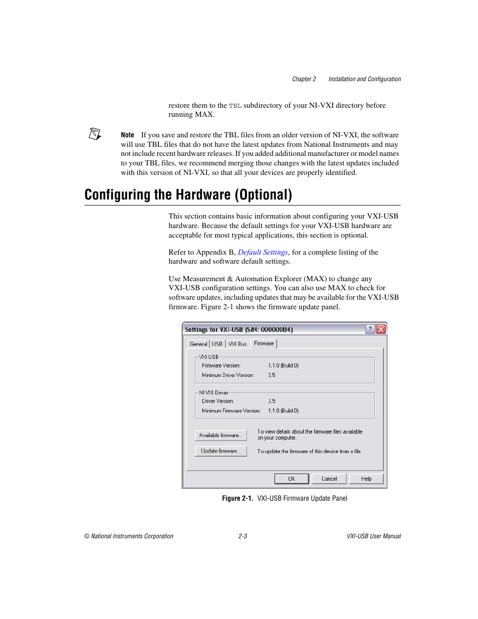 Configuring the hardware (optional), Figure 2-1. vxi-usb firmware update panel, Configuring the hardware (optional) -3 | National Instruments VXI-USB User Manual | Page 16 / 61