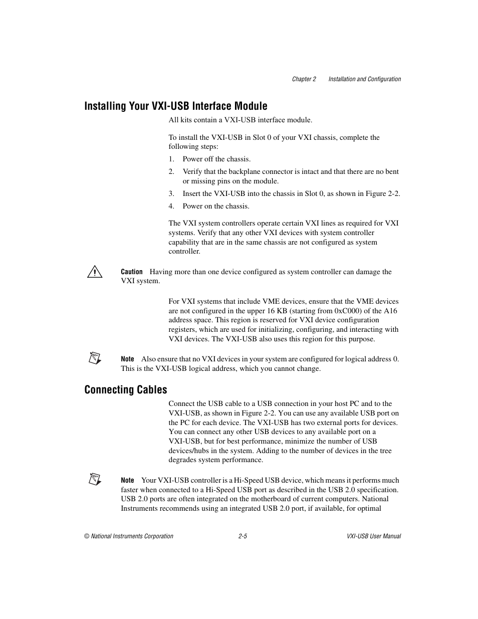 Installing your vxi-usb interface module, Connecting cables | National Instruments VXI-USB User Manual | Page 18 / 61