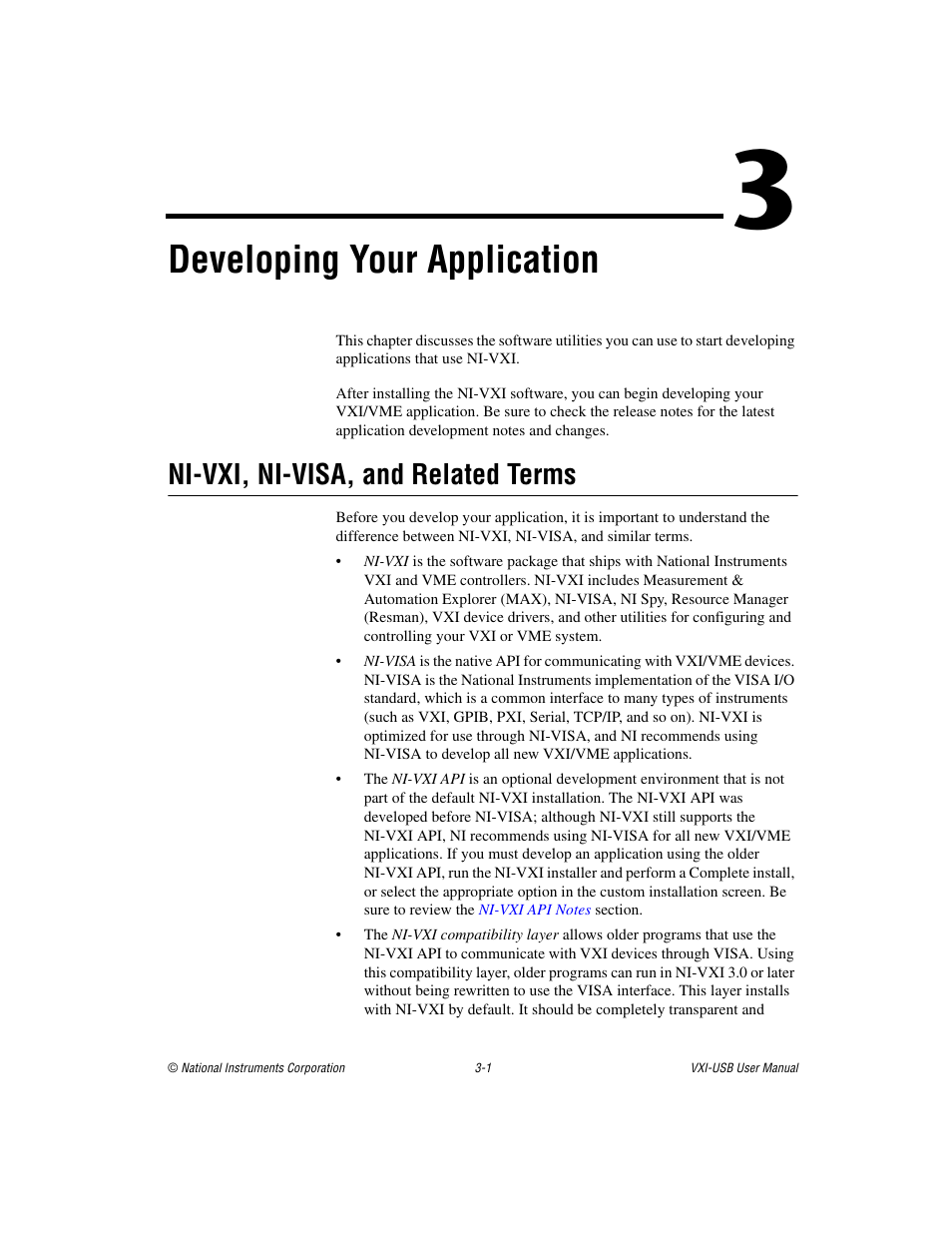 Chapter 3 developing your application, Ni-vxi, ni-visa, and related terms, Ni-vxi, ni-visa, and related terms -1 | Developing your application | National Instruments VXI-USB User Manual | Page 20 / 61