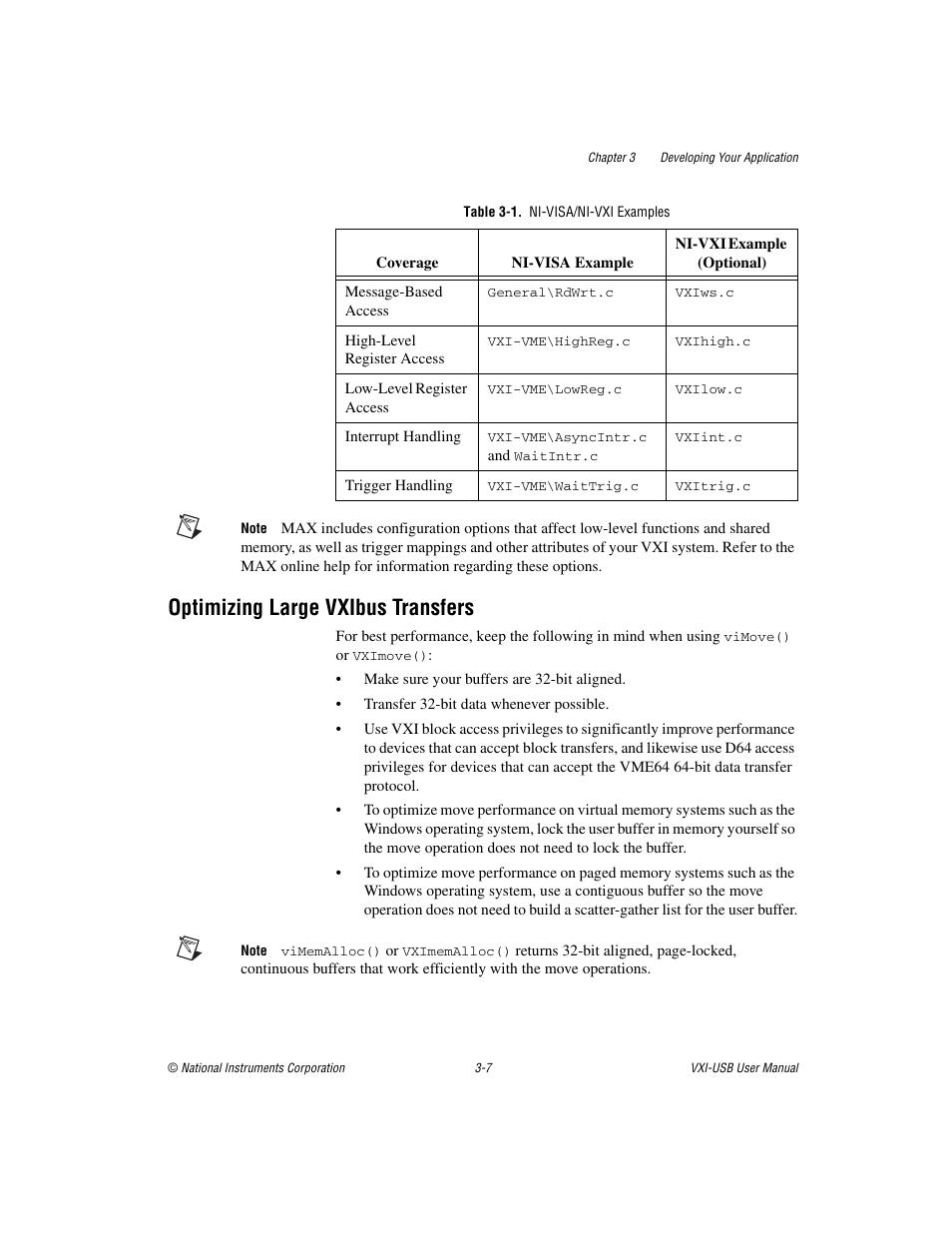 Table 3-1. ni-visa/ni-vxi examples, Optimizing large vxibus transfers, Optimizing large vxibus transfers -7 | National Instruments VXI-USB User Manual | Page 26 / 61