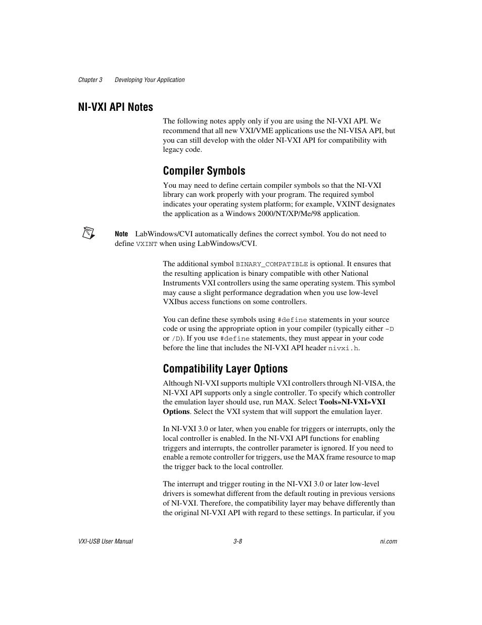 Ni-vxi api notes, Compiler symbols, Compatibility layer options | Ni-vxi api notes -8, Compiler symbols -8 compatibility layer options -8 | National Instruments VXI-USB User Manual | Page 27 / 61