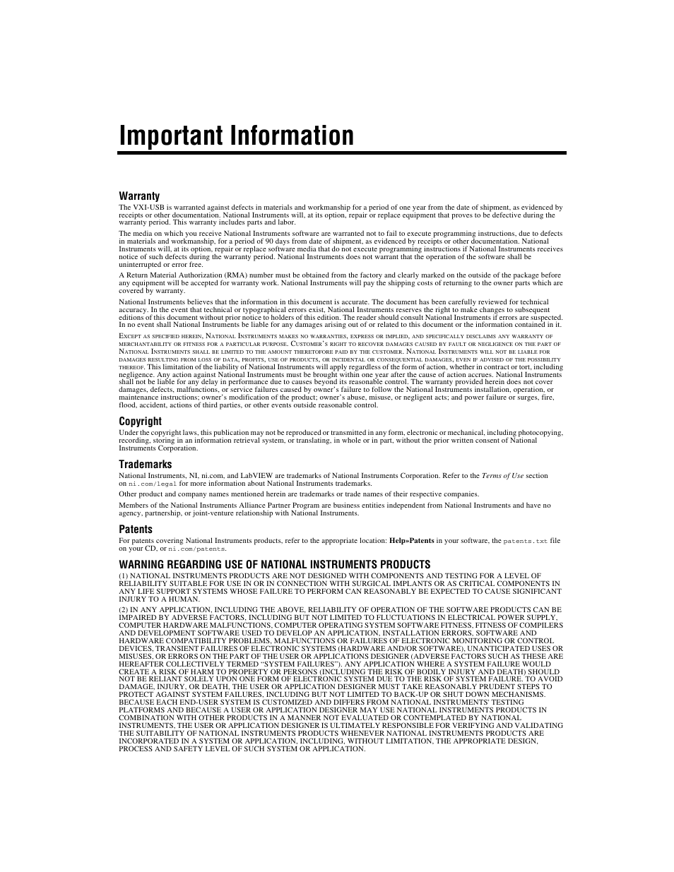 Important information, Warranty, Copyright | Trademarks, Patents | National Instruments VXI-USB User Manual | Page 3 / 61