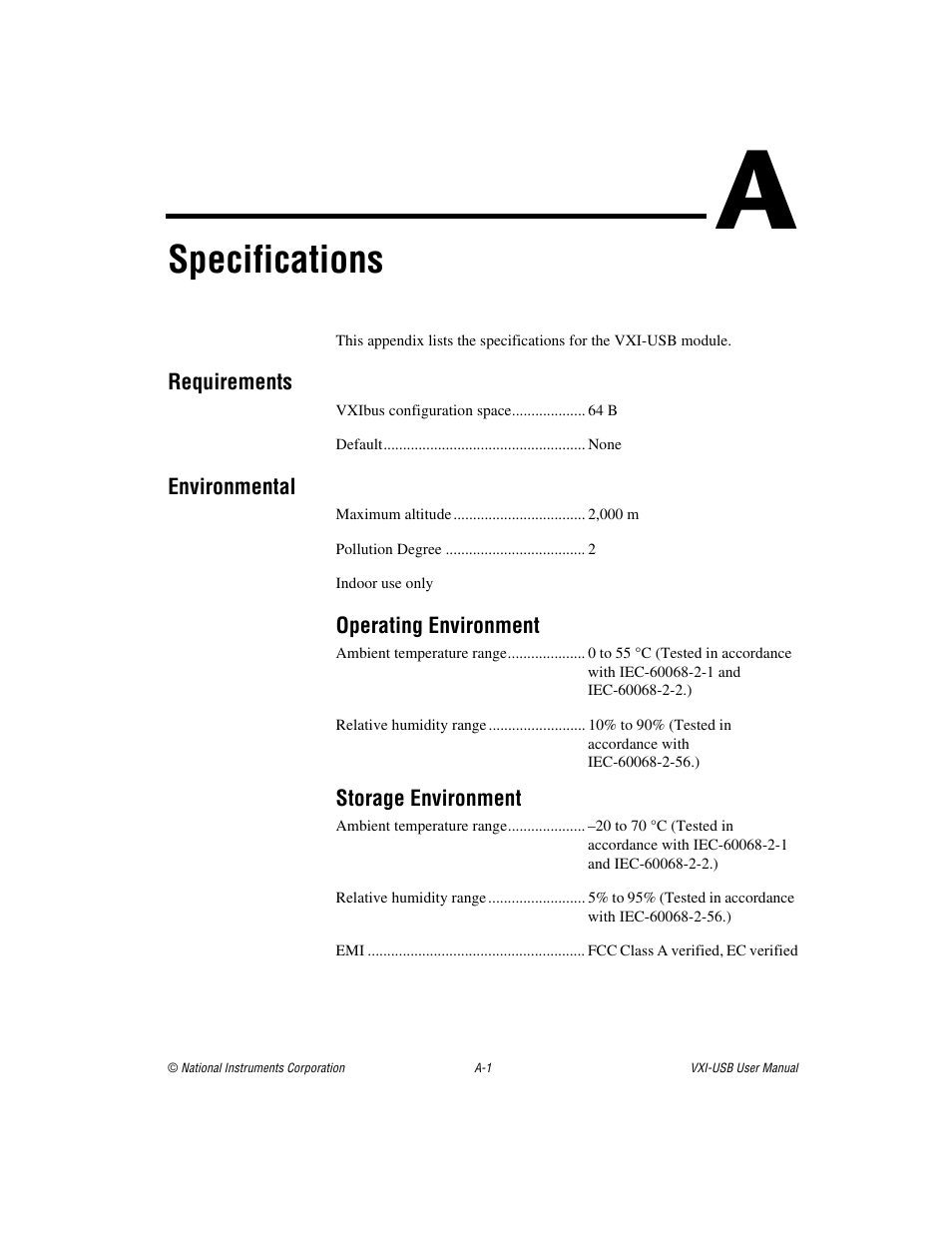 Appendix a specifications, Specifications | National Instruments VXI-USB User Manual | Page 30 / 61