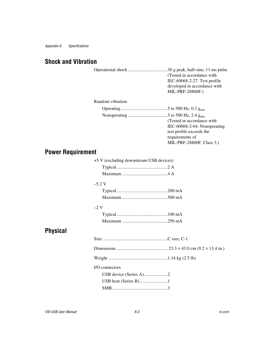 Shock and vibration, Power requirement, Physical | National Instruments VXI-USB User Manual | Page 31 / 61