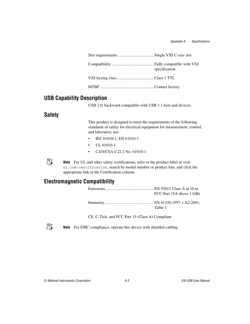 Usb capability description, Safety, Electromagnetic compatibility | National Instruments VXI-USB User Manual | Page 32 / 61