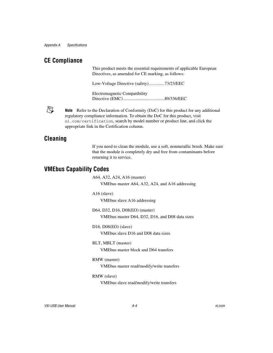 Ce compliance, Cleaning, Vmebus capability codes | National Instruments VXI-USB User Manual | Page 33 / 61