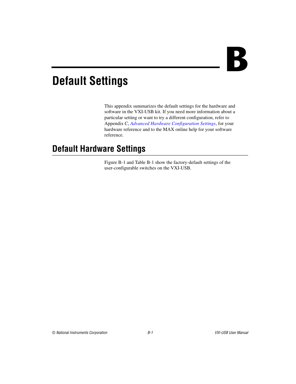 Appendix b default settings, Ndix b, Default settings | National Instruments VXI-USB User Manual | Page 35 / 61