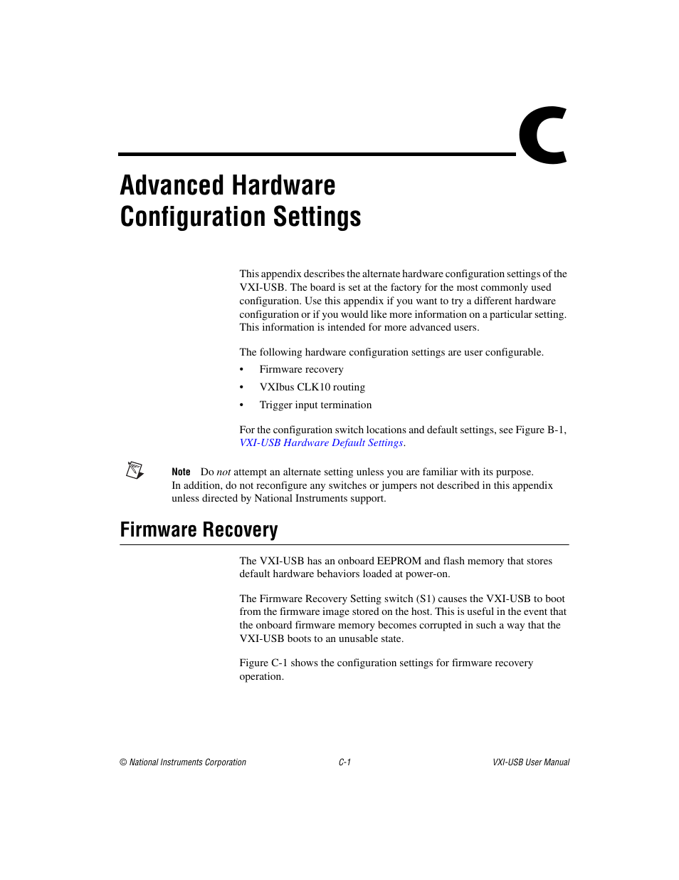 Advanced hardware configuration settings, Firmware recovery | National Instruments VXI-USB User Manual | Page 38 / 61