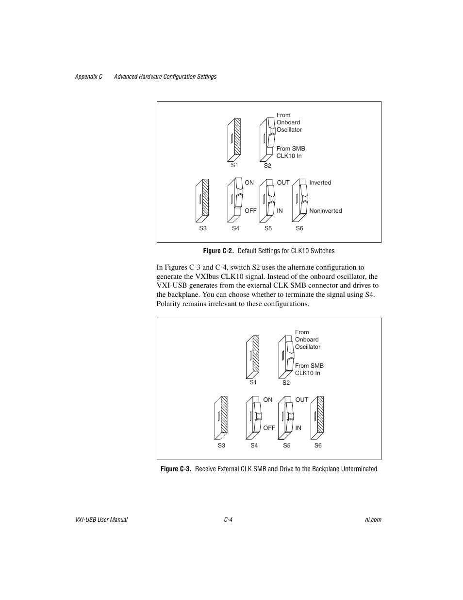 Figure c-2. default settings for clk10 switches | National Instruments VXI-USB User Manual | Page 41 / 61