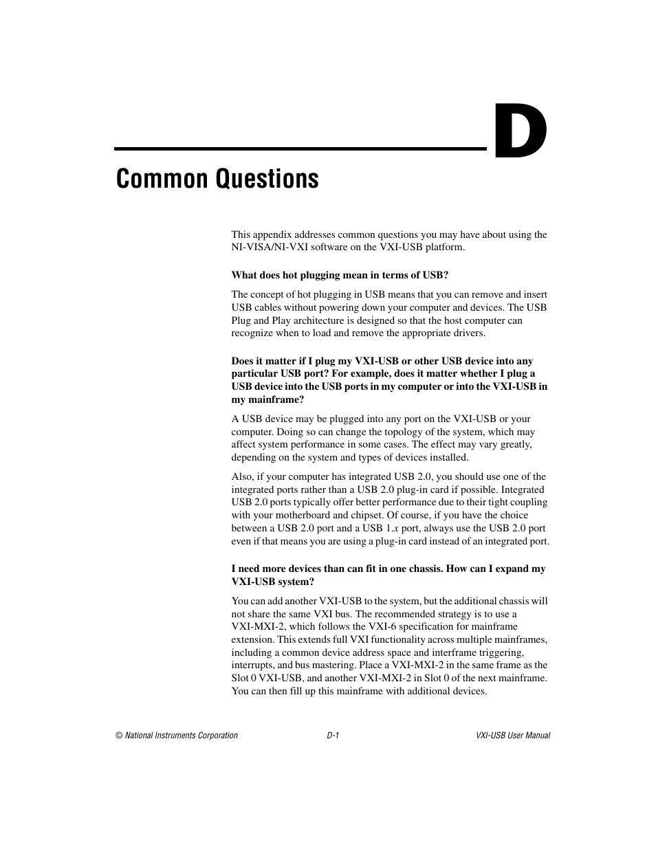 Appendix d common questions, Common questions | National Instruments VXI-USB User Manual | Page 44 / 61