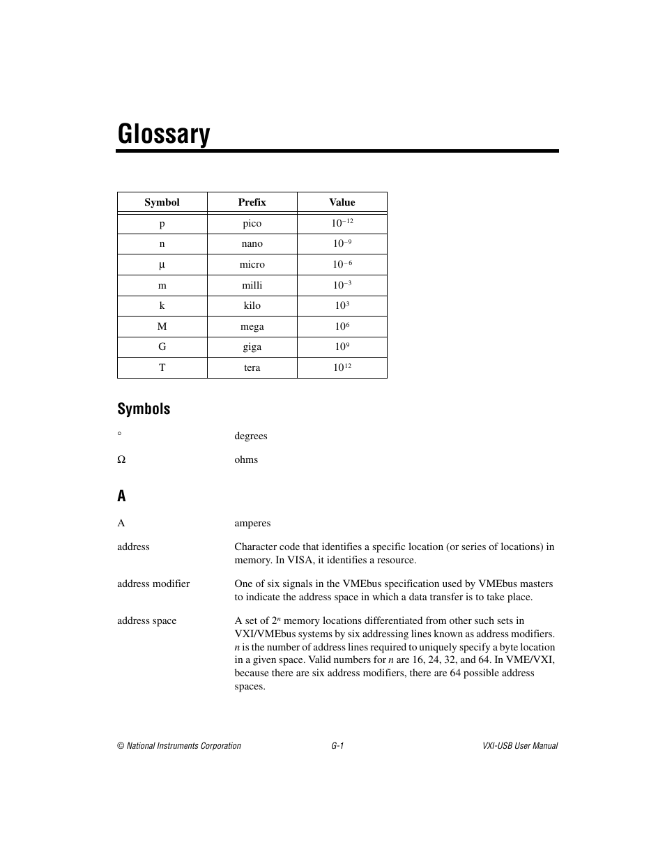 Glossary, Symbols | National Instruments VXI-USB User Manual | Page 49 / 61