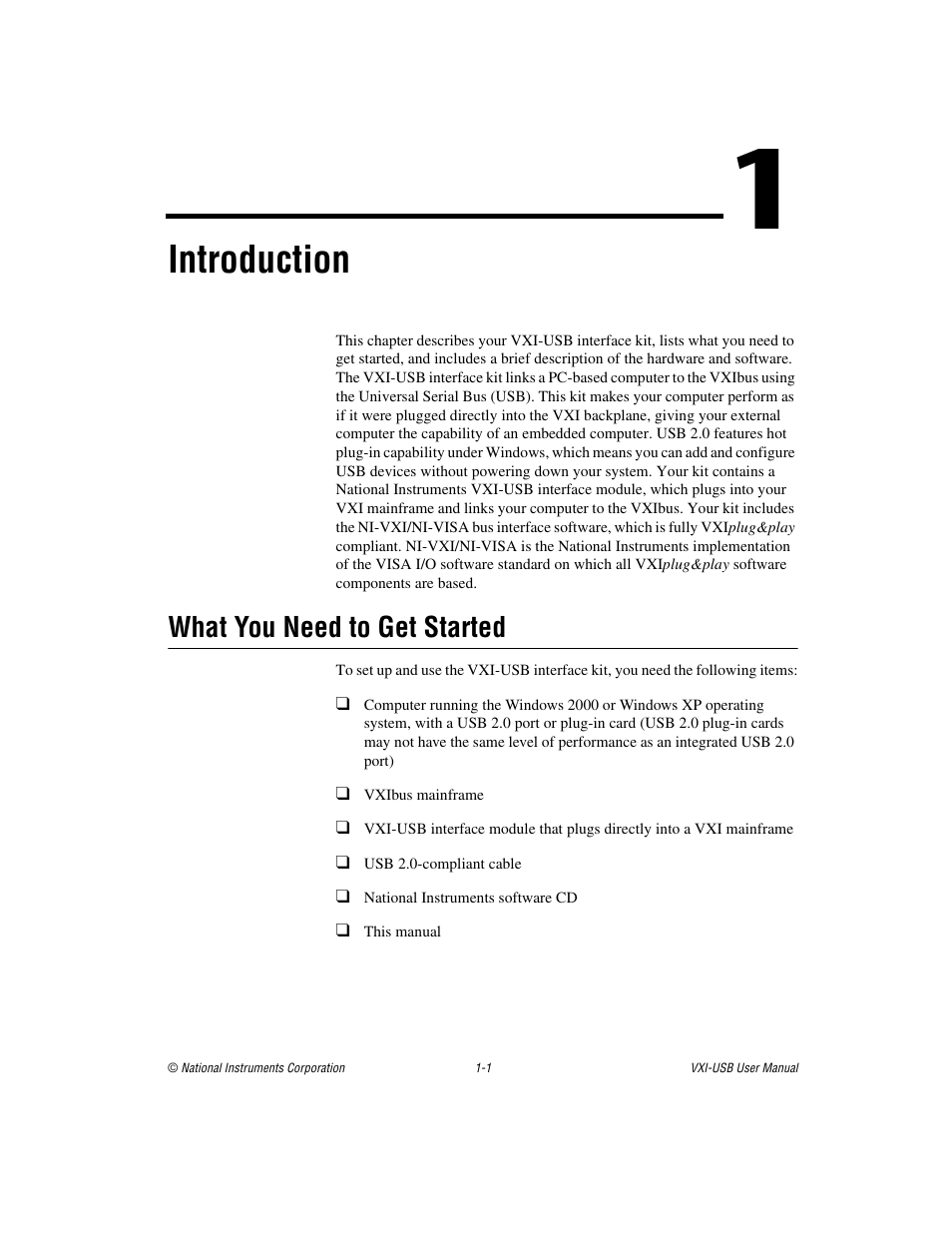 Chapter 1 introduction, What you need to get started, What you need to get started -1 | Introduction | National Instruments VXI-USB User Manual | Page 9 / 61